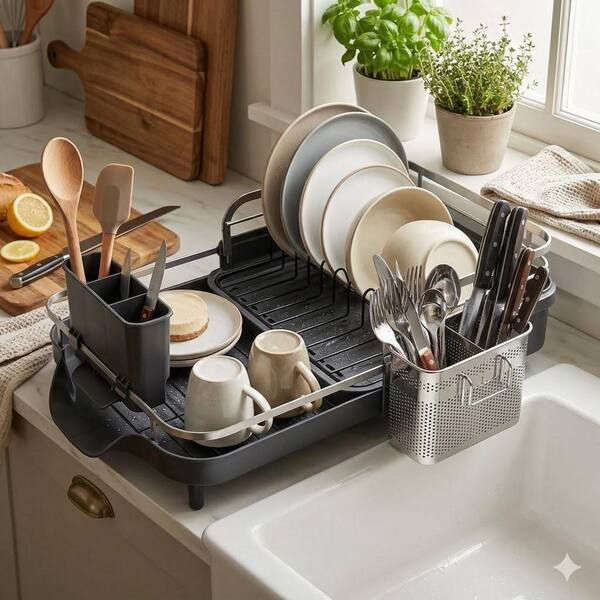 Black Stainless Steel Dish Drying Rack with Drainboard, Expandable Design and Utensil Holder for Kitchen Counter