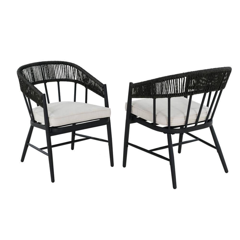 Hampton Bay Aspenwood Stationary Metal Wicker Outdoor Dining Chair with CushionGuard White Cushions 2 Pack