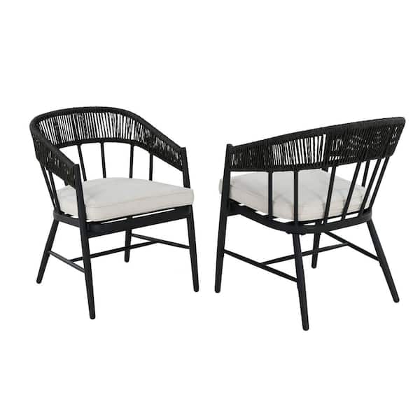 Hampton Bay Aspenwood Stationary Metal Wicker Outdoor Dining Chair with CushionGuard White Cushions (2-Pack)