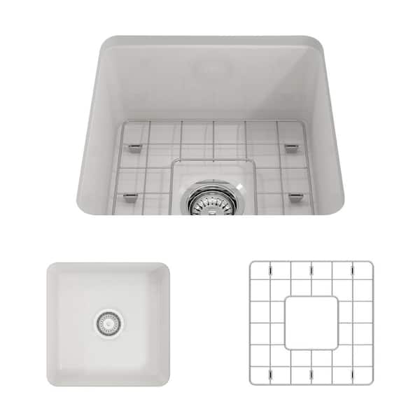 BOCCHI Sotto Undermount Fireclay 18 in. Single Bowl Kitchen Sink with Bottom Grid and Strainer in White