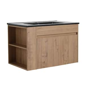 29.13 in. W x 17.91 in. D x 18.9 in. H Single Sink Wall Mounted Bath Vanity in Imitative Oak with Black Ceramic Top