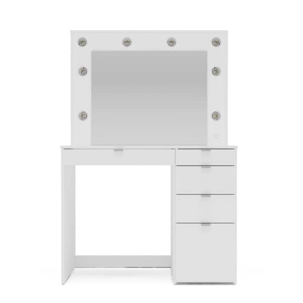 Polifurniture Harper White Melamine Finish Makeup Vanity with Drawers and Lighted Mirror