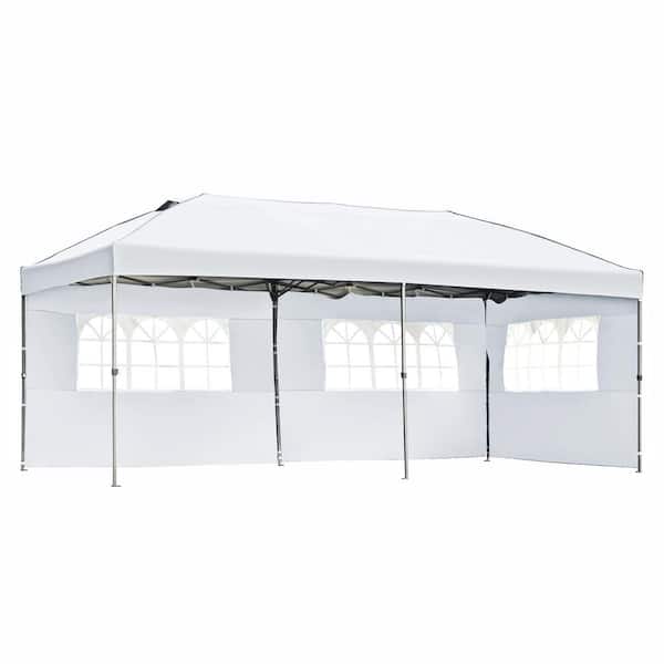 10 ft. x 20 ft. White Iron and Oxford Fabric Heavy Duty Pop Up Canopy Outdoor Canopy Tent with Sidewalls Wheeled Bag