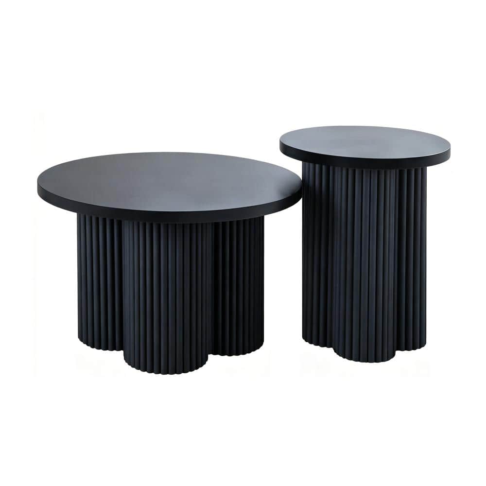 Set of 2 Fluted Round Side Tables, Modern Black Ribbed Pedestal End Tables, 2 Separated Accent Tables for Living Room