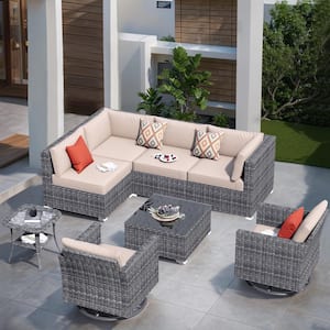 Artemis Gray 8-Piece Wicker Patio Conversation Seating Sofa Set with Beige Cushions and Swivel Rocking Chairs