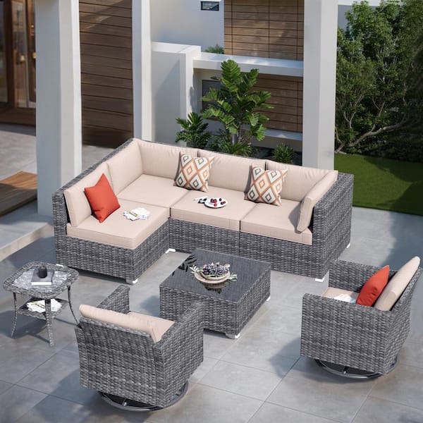 XIZZI Artemis Gray 8-Piece Wicker Patio Conversation Seating Sofa Set with Beige Cushions and Swivel Rocking Chairs