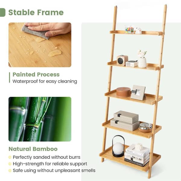 Costway 72 in. Tall Natural Bamboo 5-Shelf Ladder Shelf Wall