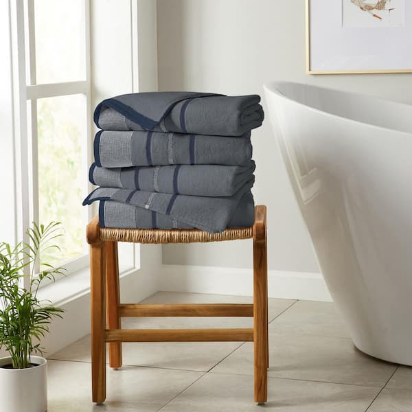 Chambray Blue / White / Navy Blue Premium Cotton 4 Pk Decorative Bath Towel Set