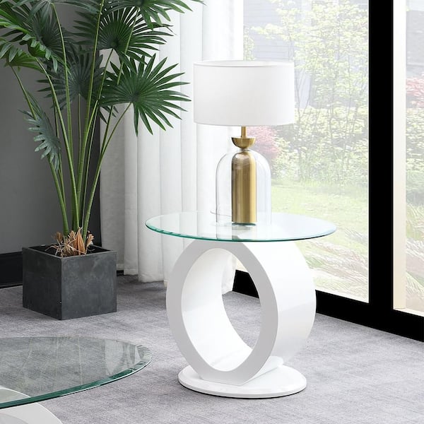 Larry 24 in. Glass Top, White High Gloss Finish Round Glass End Table with No Additional Features