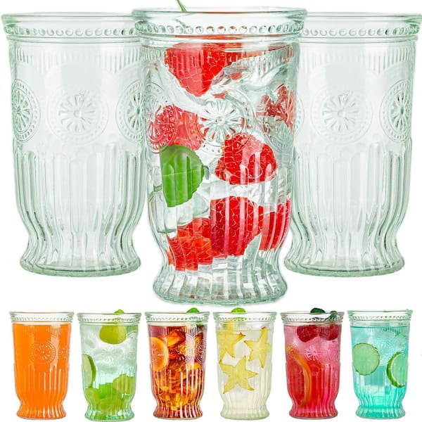 Wudkey 6-Piece 16 oz. Embossed Designed Highball Glasses, Mojito Cup, Cocktail Glass, Vintage Glassware Set for Juice, Whiskey