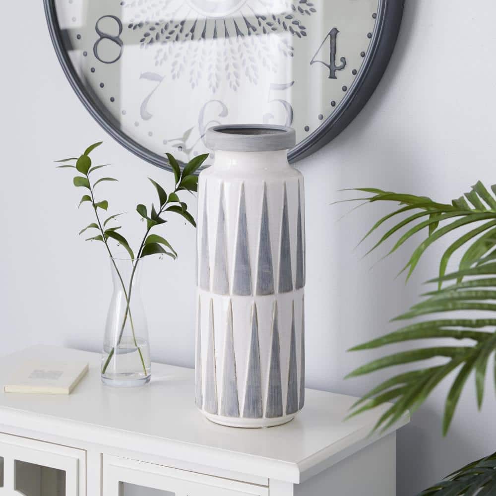 Elegant 17" White Ceramic Vase with Triangle Patterns