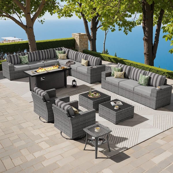Bissty Gray 16-Piece Wicker Wide Arm Patio 54 in. Rectangle Fire Pit Conversation Set with Striped Gray Cushions