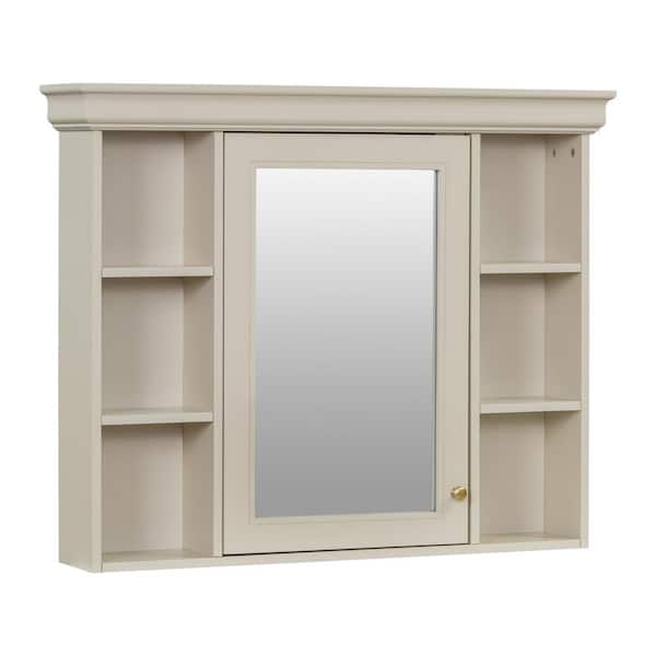 DELUXE DL LIVING 35 in. W x 28 in. H Rectangular Beige Wood Bathroom Medicine Cabinet with Mirror, Soft Close Door, Easy Hang, Open Shelf