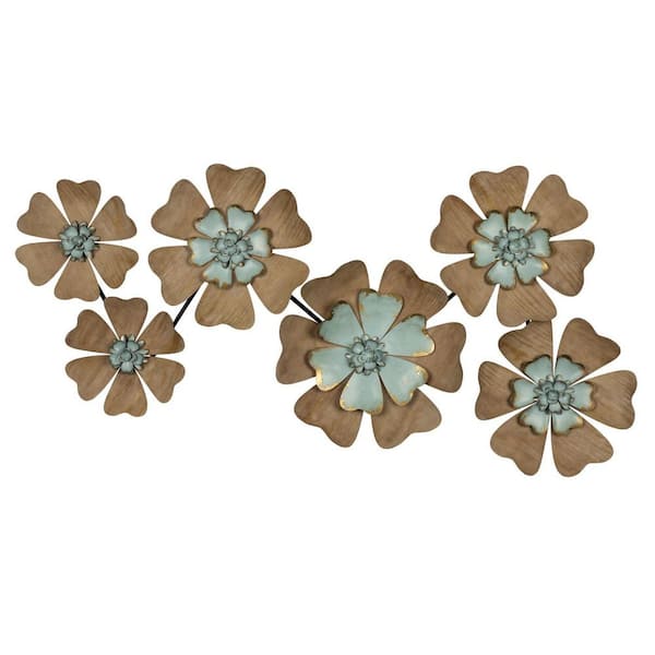HomeRoots 18.25 in. Multicolor Fun Flowers Natural Wood And Aqua Blue Wall Decor