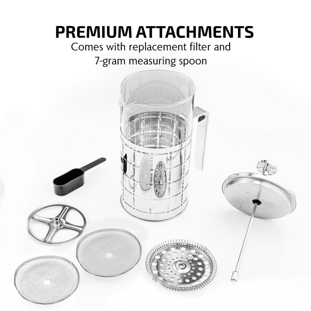 34 Ounce Silver Stainless Steel French Press Coffee Maker with Borosilicate Glass