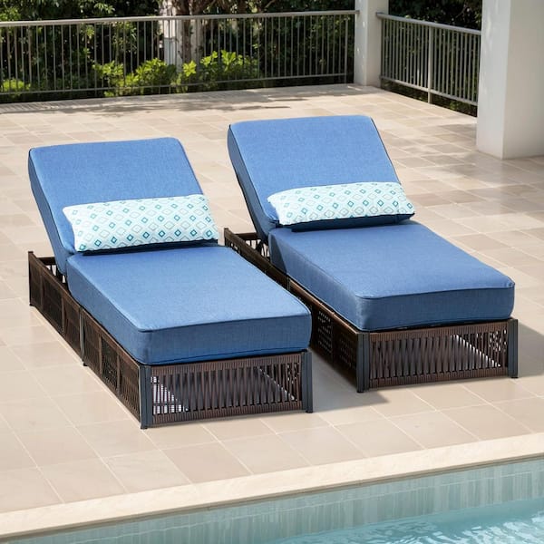 RWoven Brown Wicker Outdoor Chaise Lounge for Outside Patio Adjustable Backrest Lounger with Blue Cushions(2-Pack)