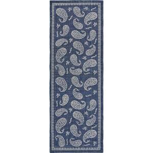 Global Indigo Blue 2 ft. x 6 ft. Border Paisley Cotton Runner Rug