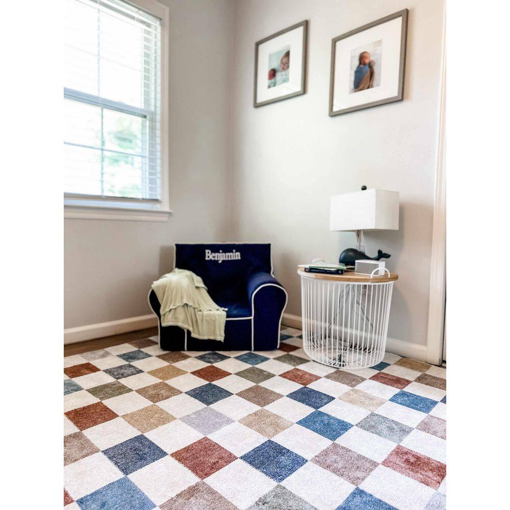 Alia Blue and Tan Checkered Washable Polyester Rug