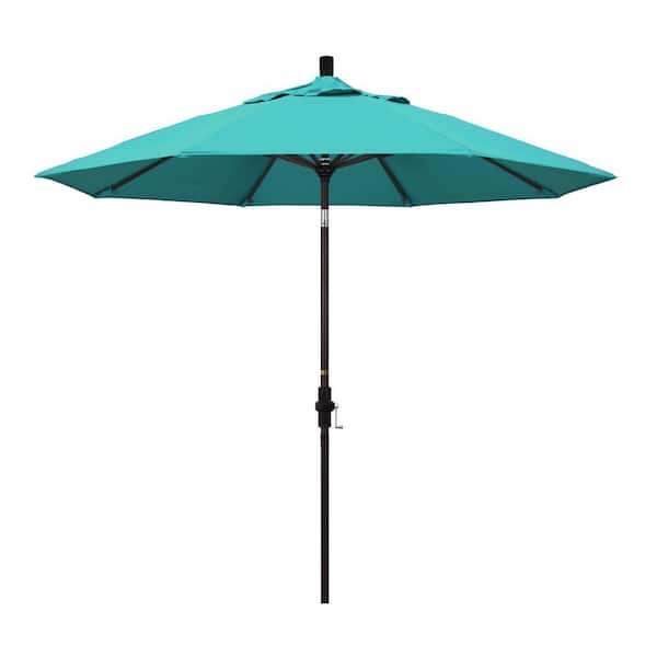 California Umbrella 9 ft. Bronze Aluminum Market Collar Tilt Crank Lift Patio Umbrella in Aruba Sunbrella