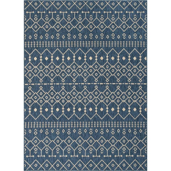 Medusa Nord Blue 6 ft. 7 in. x 9 ft. 3 in. Moroccan Tribal Indoor Outdoor Distressed Flat Weave Area Rug