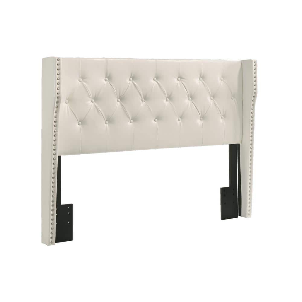 Chic Full-Size White Faux Leather Panel Bed with Tufted Headboard & Nailhead Trim