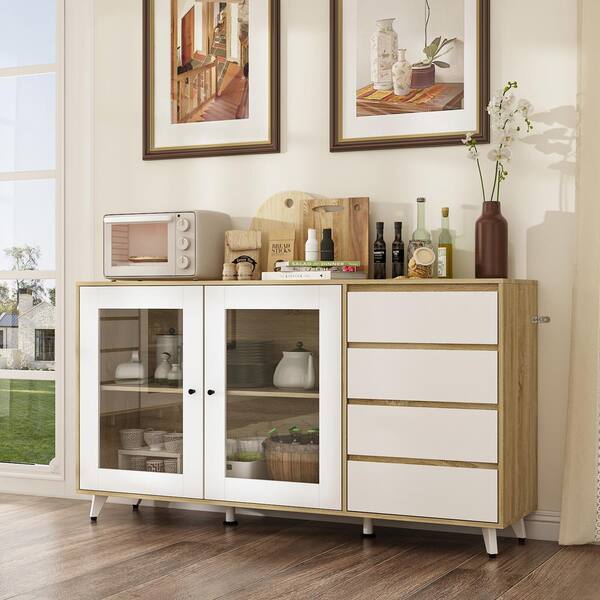 FUFU&GAGA 63 in. W White Wood 2 Glass Doors Accent Storage Cabinet Cupboard with 4 Drawers and Adjustable Shelves and Foots
