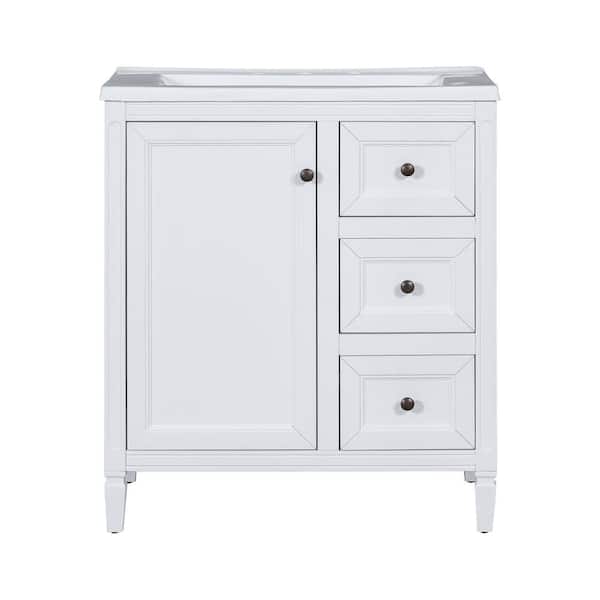 Aoibox 30 in. W Freestanding Bath Vanity in White with White Ceramic Basin, Three Drawers Top, and Two Door Shelves