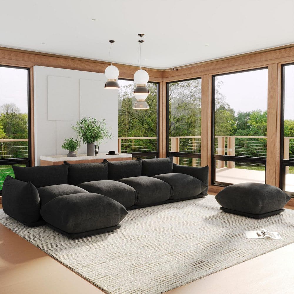 131in. Flared Arm Overstuffed Modular Cozy Floor Chenille Sectional Sofa, 6-Piece with Extra Deep Seats in Black price history on PriceWatchPro