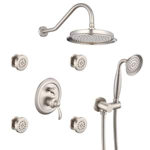 Single Handle 4 -Spray Shower Faucet 1.8 GPM with Adjustable Flow Rate, Valve, and Body Jet Handshower in Brushed Nickel
