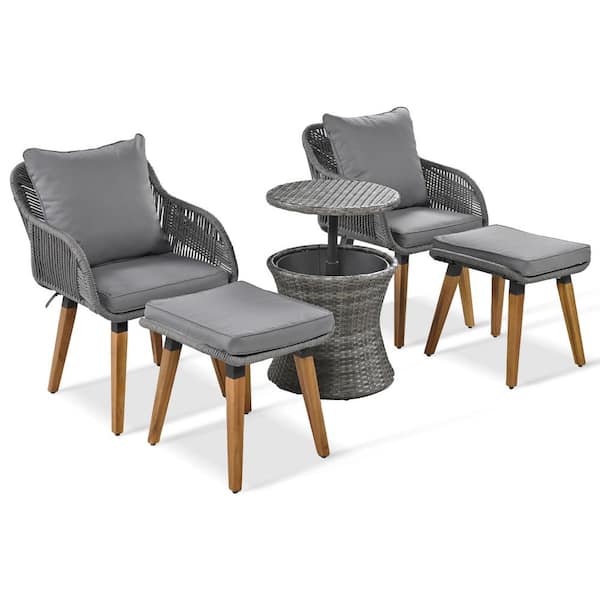 Unbranded 5-Piece Wicker Outdoor Sectional Chair Set with Cool Bar Table, Ottomans and Grey Cushions for Porch, Balcony, Poolside