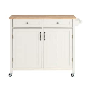 Bainport Ivory with Butcher Block Top Wooden Rolling Kitchen Cart and Double-Drawer Storage (44" W)