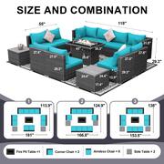 Luxury 13-Piece Grey Wicker Patio Sectional Seating Set with Teal Cushions and 55,000 BTU Firepit Table Coffee Tables