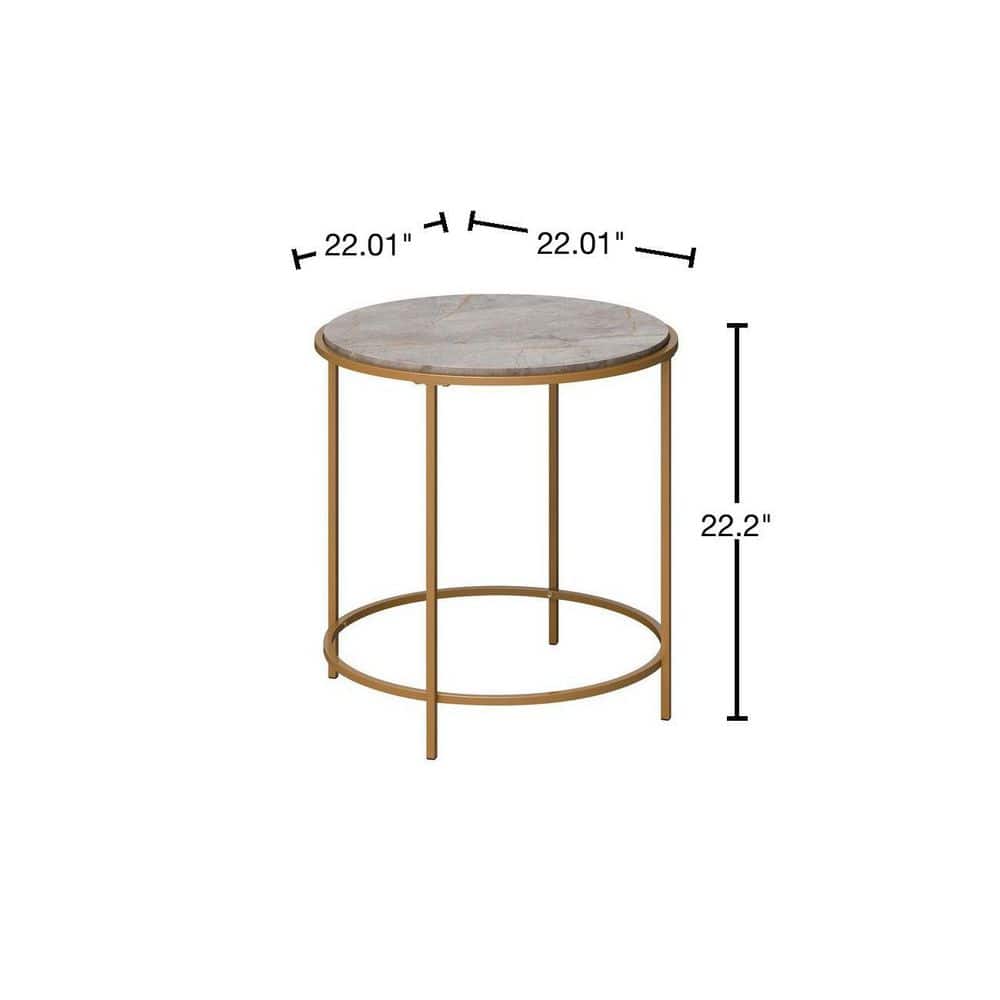 Lux Deco Stone and Satin Gold Round Metal Side Table