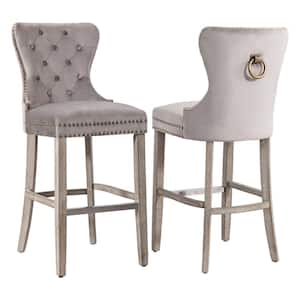 Harper 29 in. Gray Velvet Tufted Wingback Kitchen Counter Bar Stool with Solid Wood Frame in Antique Gray (Set of 2)