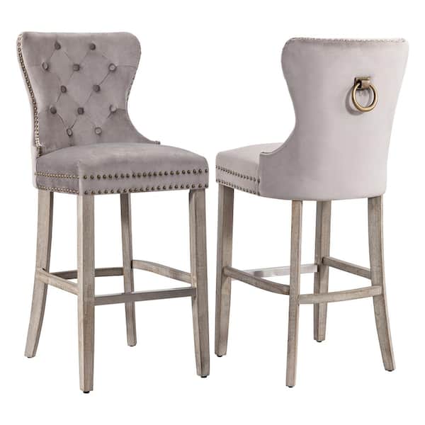 WESTINFURNITURE Harper 29 in. Gray Velvet Tufted Wingback Kitchen Counter Bar Stool with Solid Wood Frame in Antique Gray (Set of 2)