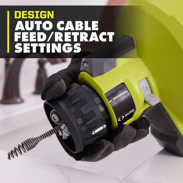 RYOBI ONE+ 18V Cordless Drain Auger with 25 ft Cable, LED Light