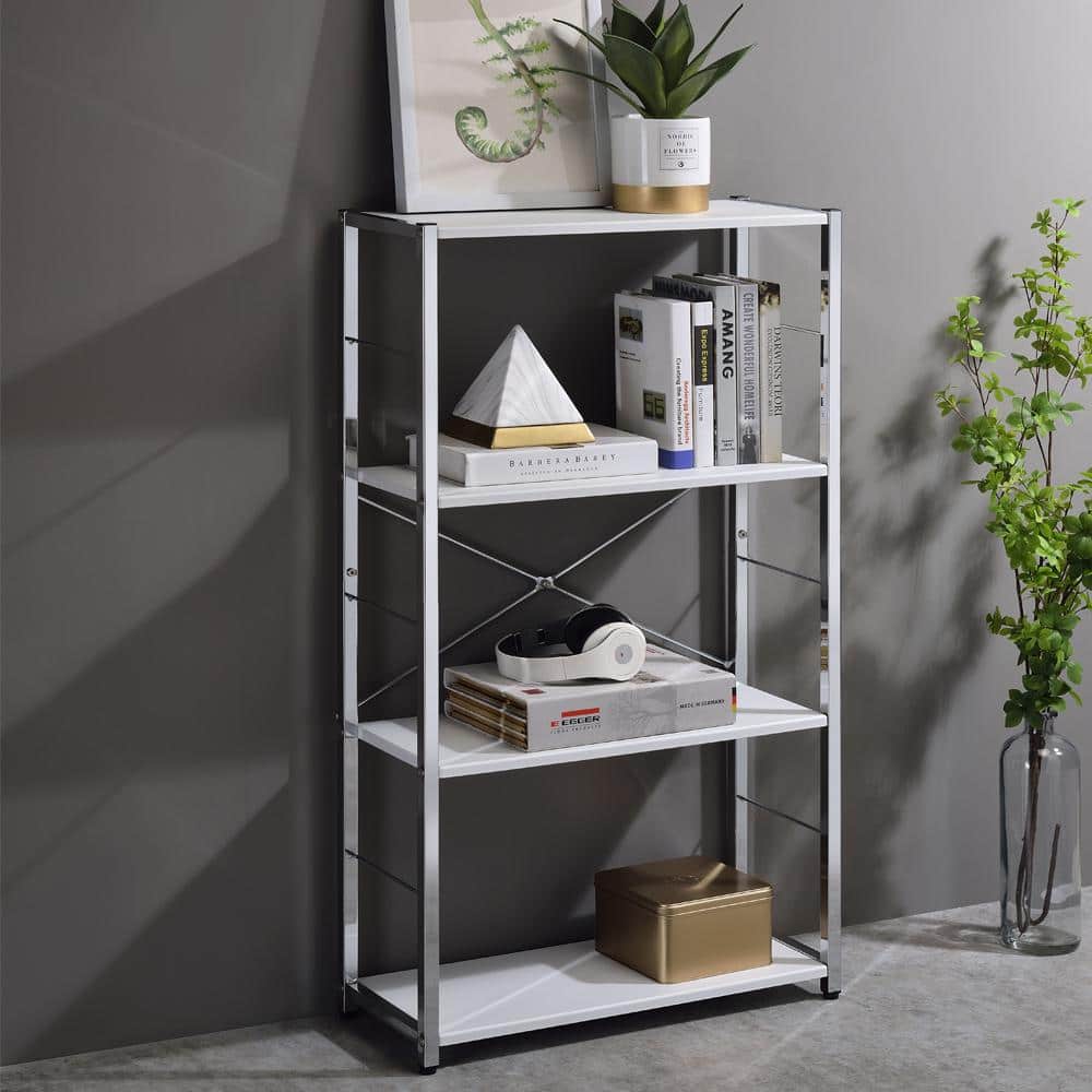 White and Chrome Adjustable 4-Tier Metal Frame Bookshelf