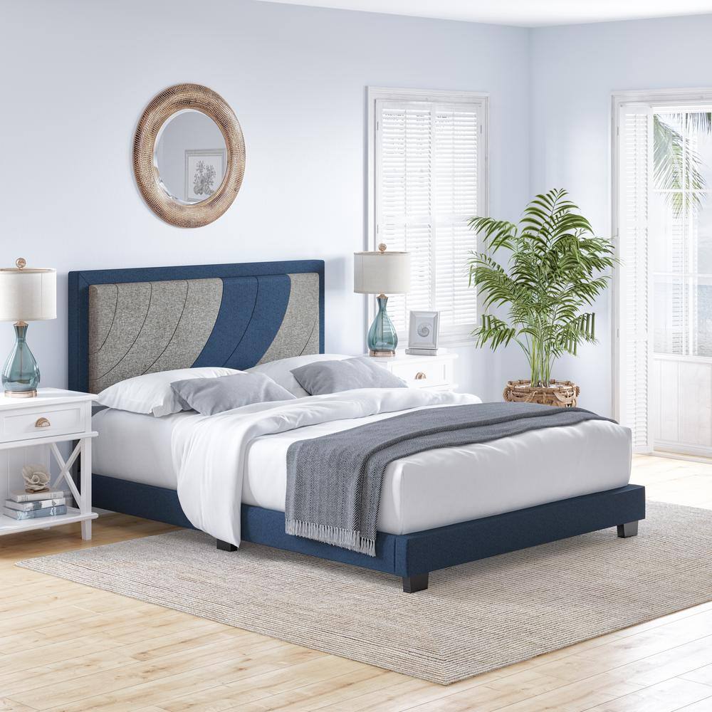 Full Blue and Gray Linen Upholstered Platform Bed with Headboard