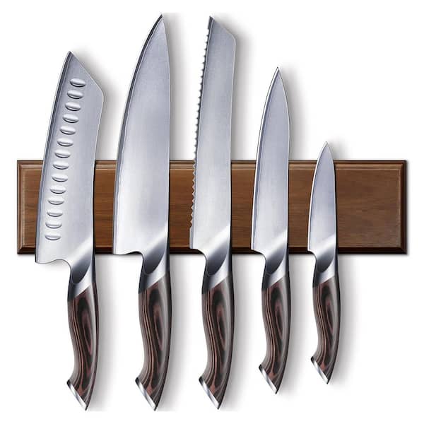 6 Piece 10Cr15CoMoV High Carbon Stainless Steel Knife Set Magnetic Acacia Wood Knife Storage with Ergonomic Handle