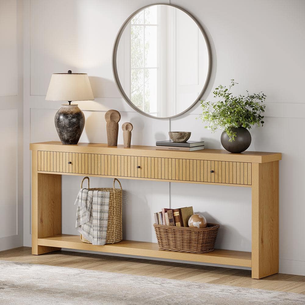 Oak Light Brown 70.9" Console Table with Drawers and Shelves