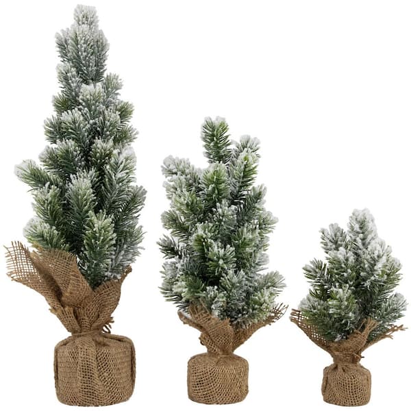Mini Flocked Pine Artificial Christmas Trees with Burlap Base - 18" - Set of 3 Unlit