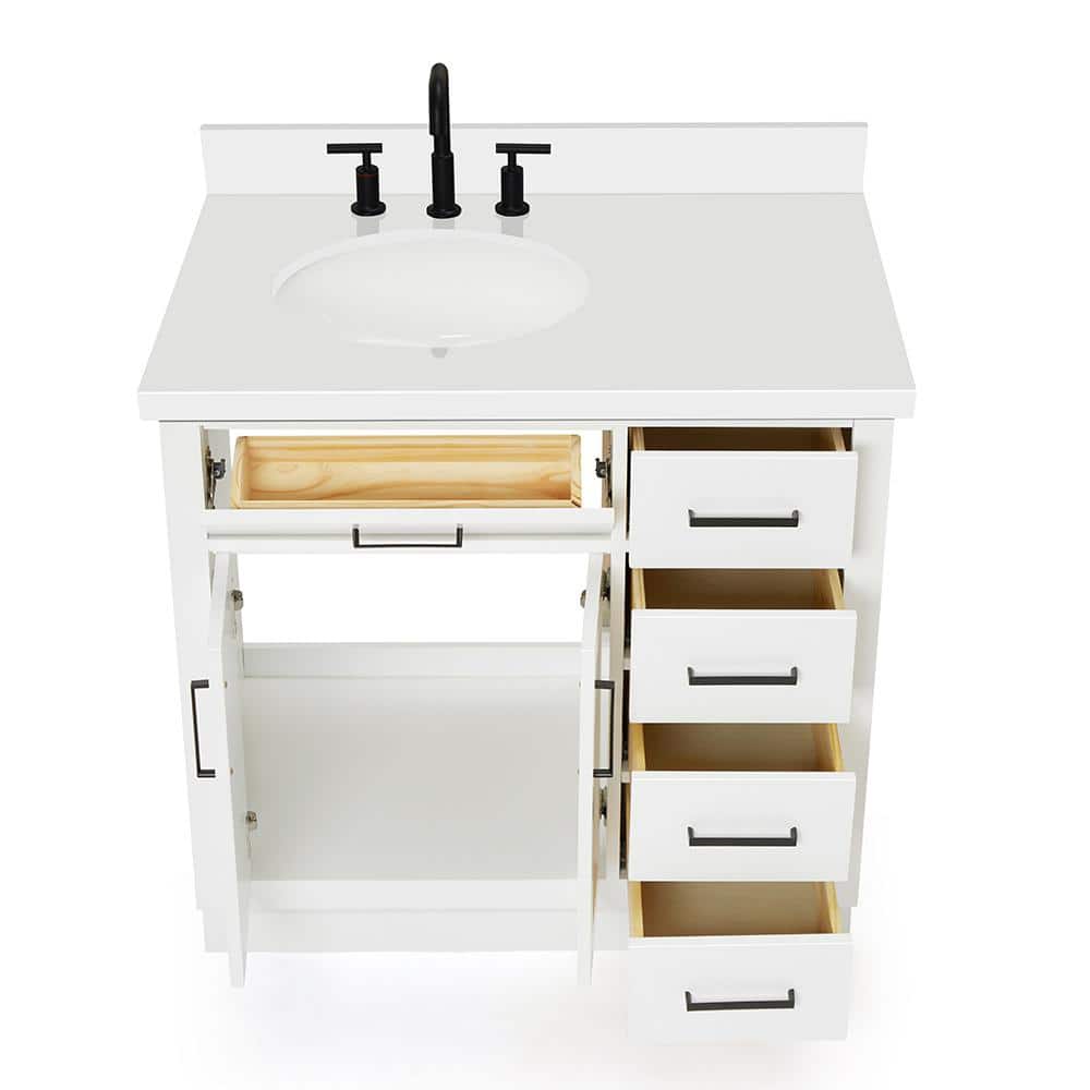 White Hardwood Freestanding Single Vanity with Quartz Top