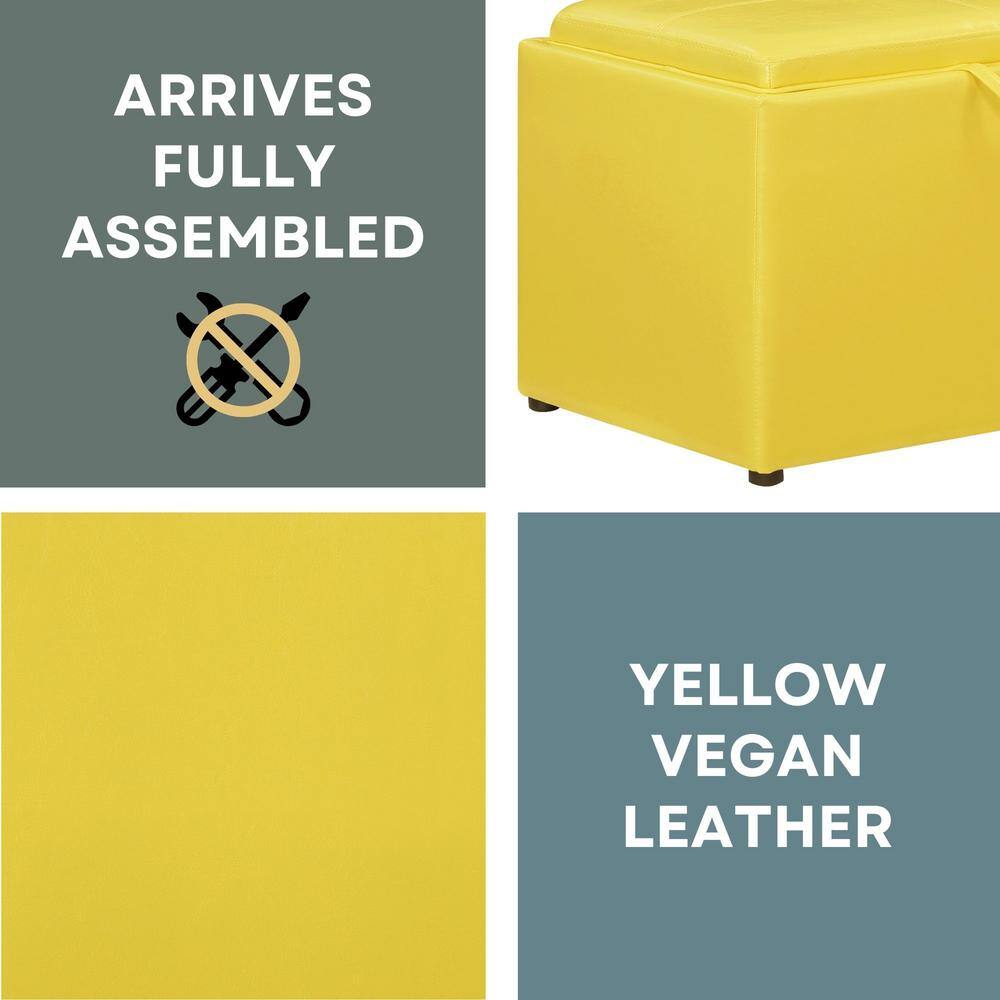 Modern Yellow Faux Leather Accent Storage Ottoman with Reversible Tray