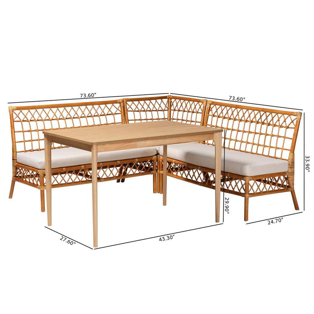 Adora Honey Rattan and Rubberwood 4-Piece Dining Nook Set