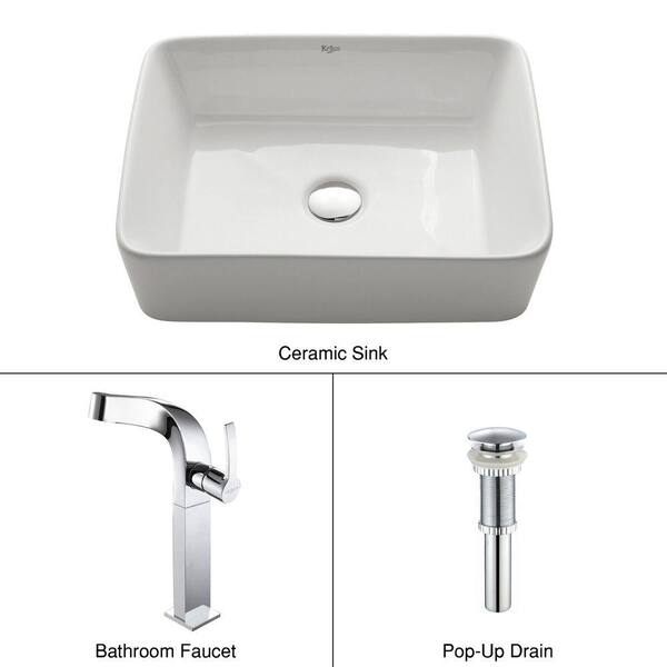 KRAUS Rectangular Ceramic Vessel Sink in White with Unicus Faucet in Chrome
