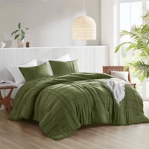 Porter 3-Piece Olive Green Microfiber Queen Soft Washed Pleated Comforter Set