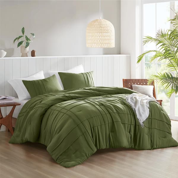 510 Design Porter 3-Piece Olive Green Microfiber Queen Soft Washed Pleated Comforter Set