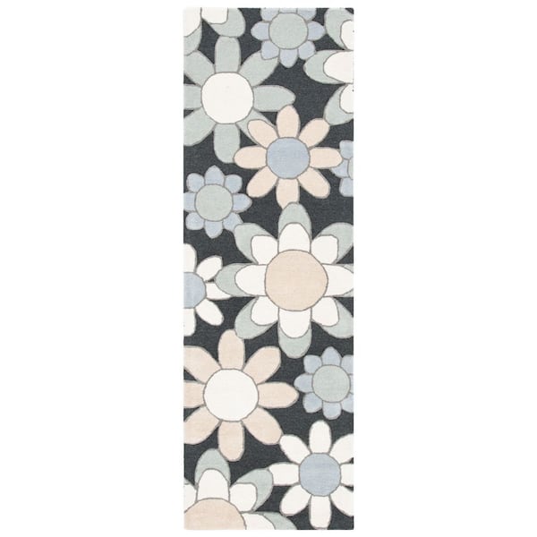Kids 3 ft. x 8 ft. Charcoal/Ivory Oversized Floral Runner Rug