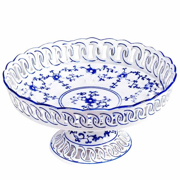 Decorative Porcelain Pedestal Fruit Bowl, Blue and White Floral Pattern, 11 in. Dia. x 5.7 in. H Tabletop