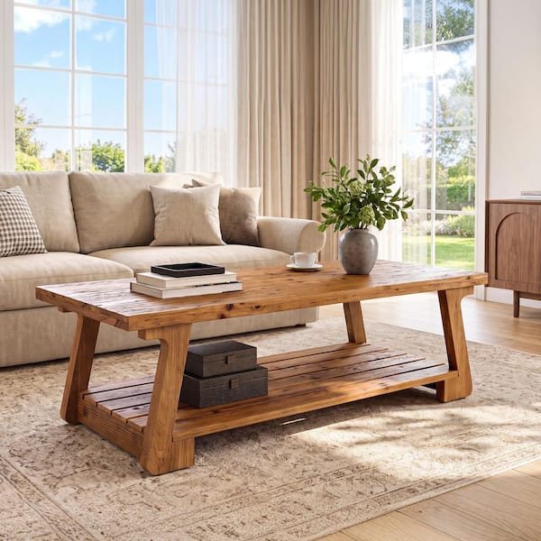 55 in. Brown Rectangle Solid Wood Coffee Table w/ Lower Slatted Storage Shelf, Wide Tapered Leg Living Room Accent Table
